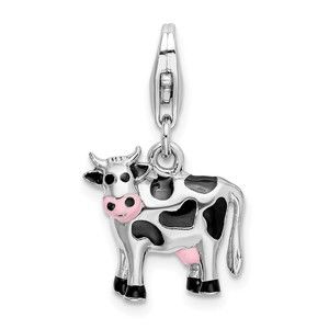 925 Sterling Silver Polished Enameled 3-D Cow Bracelet Charm Lobster Clasp